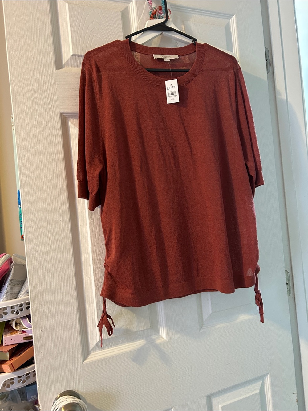 LOFT Rust Short-Sleeve Crewneck Sweater with Side Ties…NEW